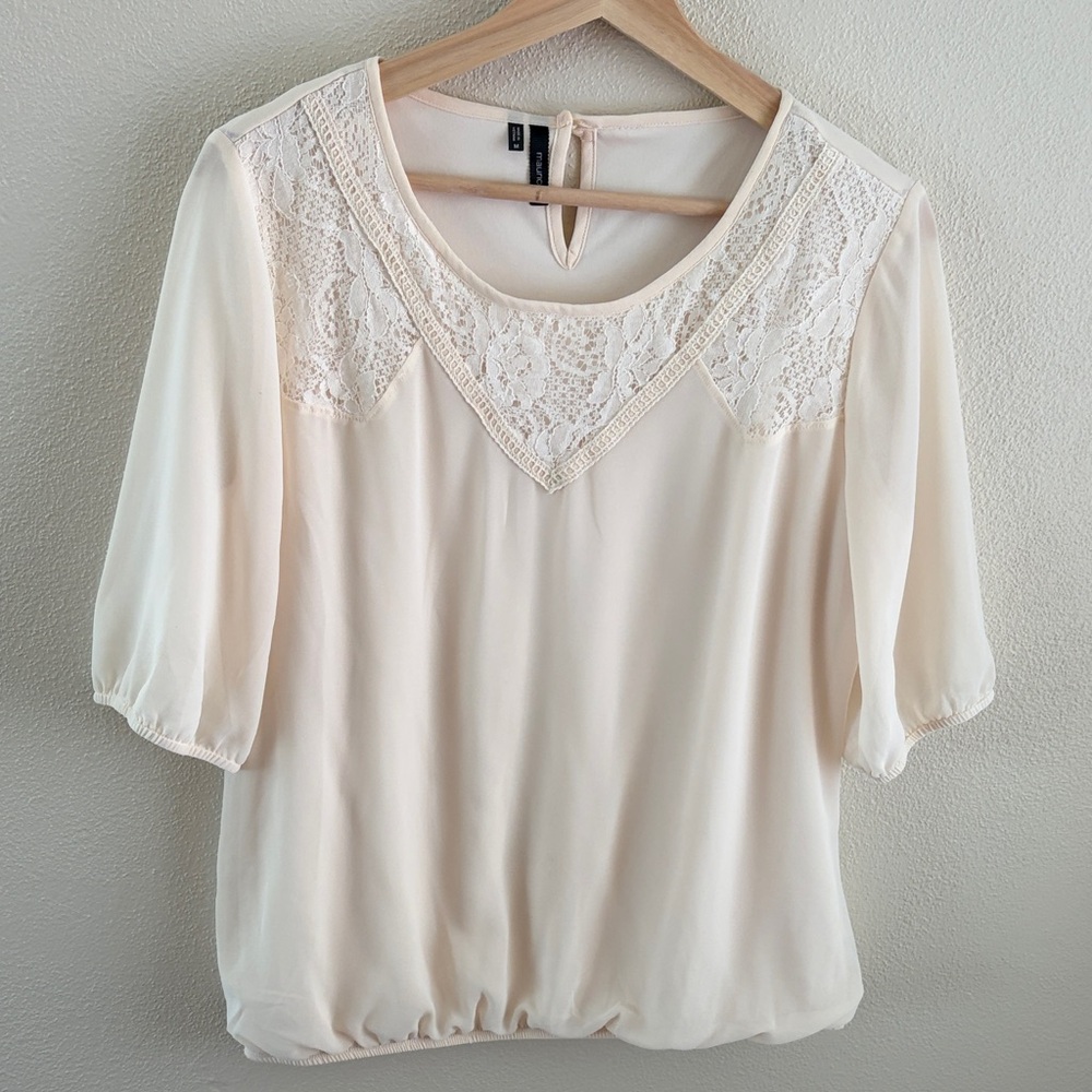 Maurice’s women’s elbow length sleeve blouse with lace detail | cream | medium